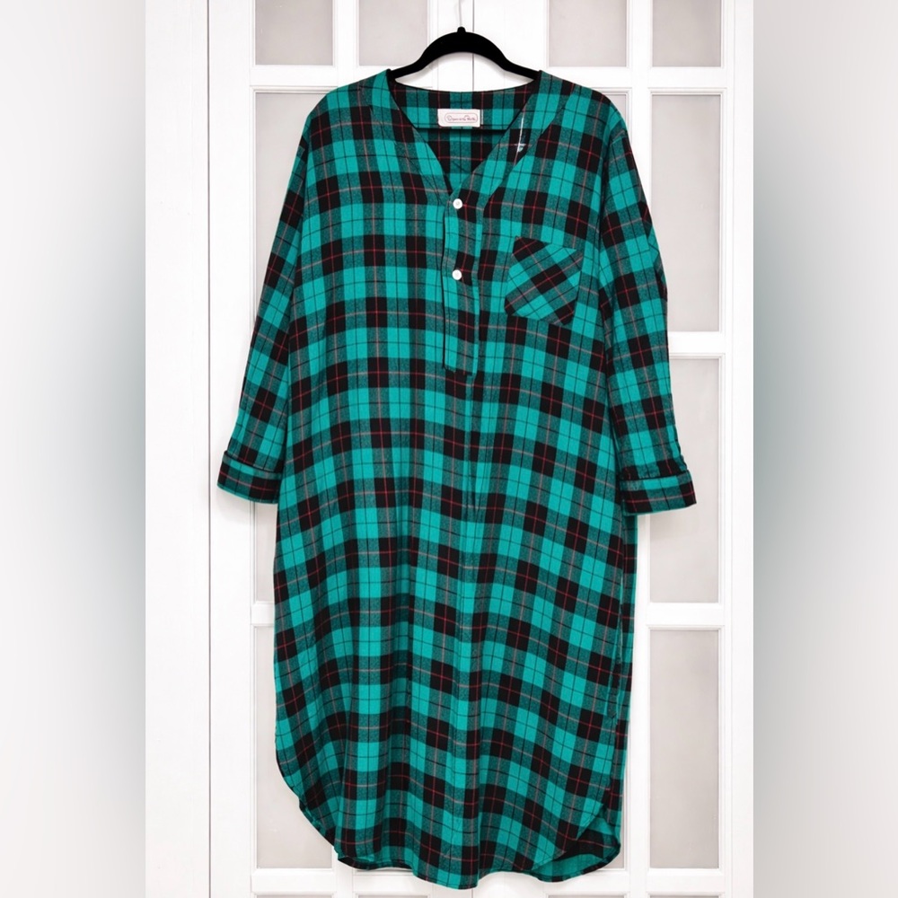 Vintage Oscar de la Renta Flannel Plaid Pajama Dress Nightgown L XL Green